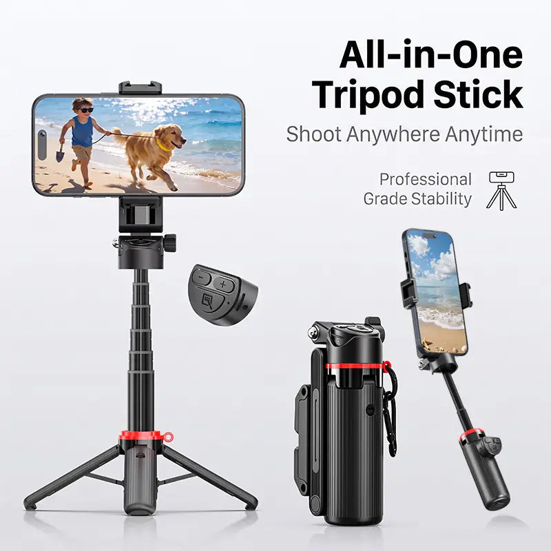 All-In-1 Folding Handheld Selfie Stick Tripod with Bluetooth Remote & Hook, Extendable Silicone-Stabilized Stand for Iphone/Android Smartphones & Cellphones, Box Packaged Streaming Equipment, Portable Travel Accessory, Smartphone, Remote Zoom