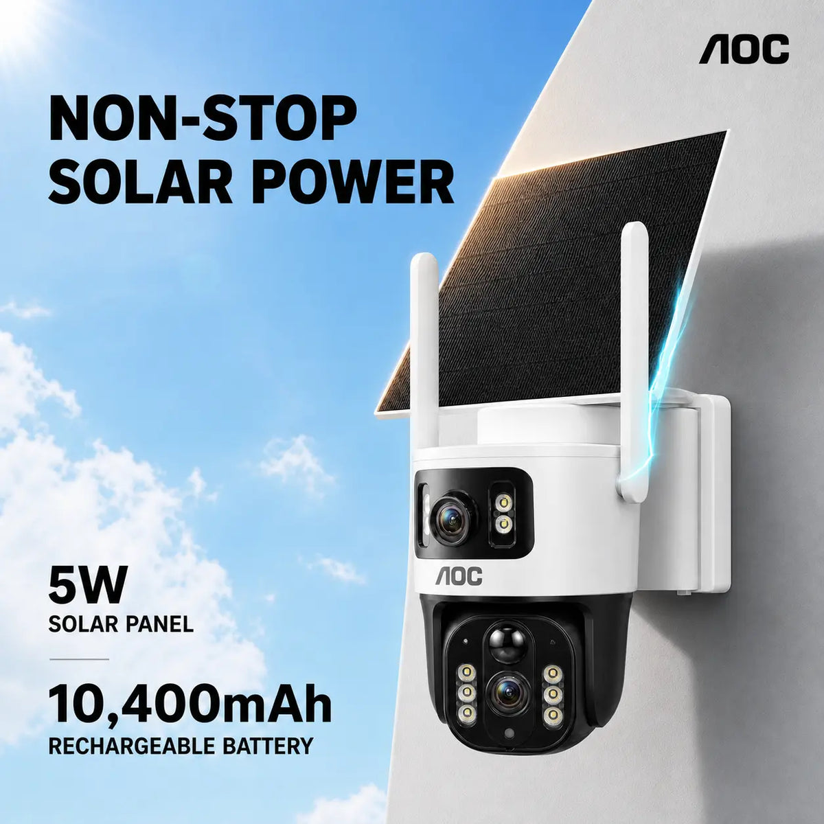AOC 4G LTE Solar Outdoor Digital Security Camera - Dual-Lens Dual-View, AI Auto Tracking, Color Night Vision, 2-Way Audio, IP65, 10400Mah Charging, No Wifi Needed, Recording Protection Device for Home, 7-Day Free Trial Then 4G Plan Required