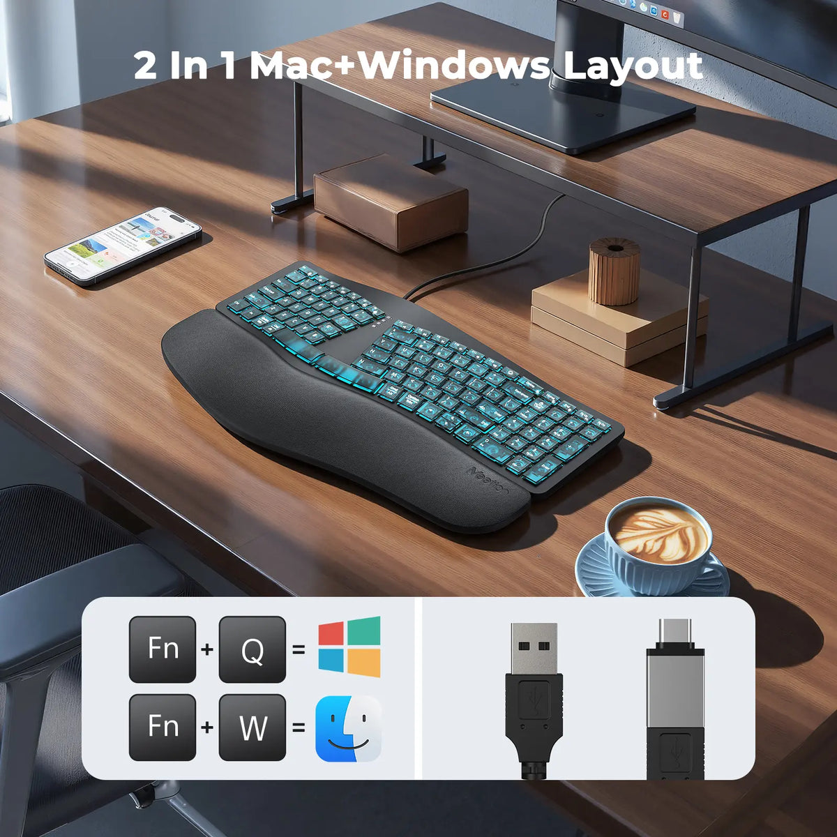 MEETION Ergonomic Wired Keyboard with Translucent Cyberpunk Aesthetics, 7-Color Transparent Backlit, 4 Brightness Levels, Dynamic RGB Breathing Effect, Comfortable Wrist Rest Cushion, USB-A/USB-C Adapter for Windows Mac Laptops & Computers, None