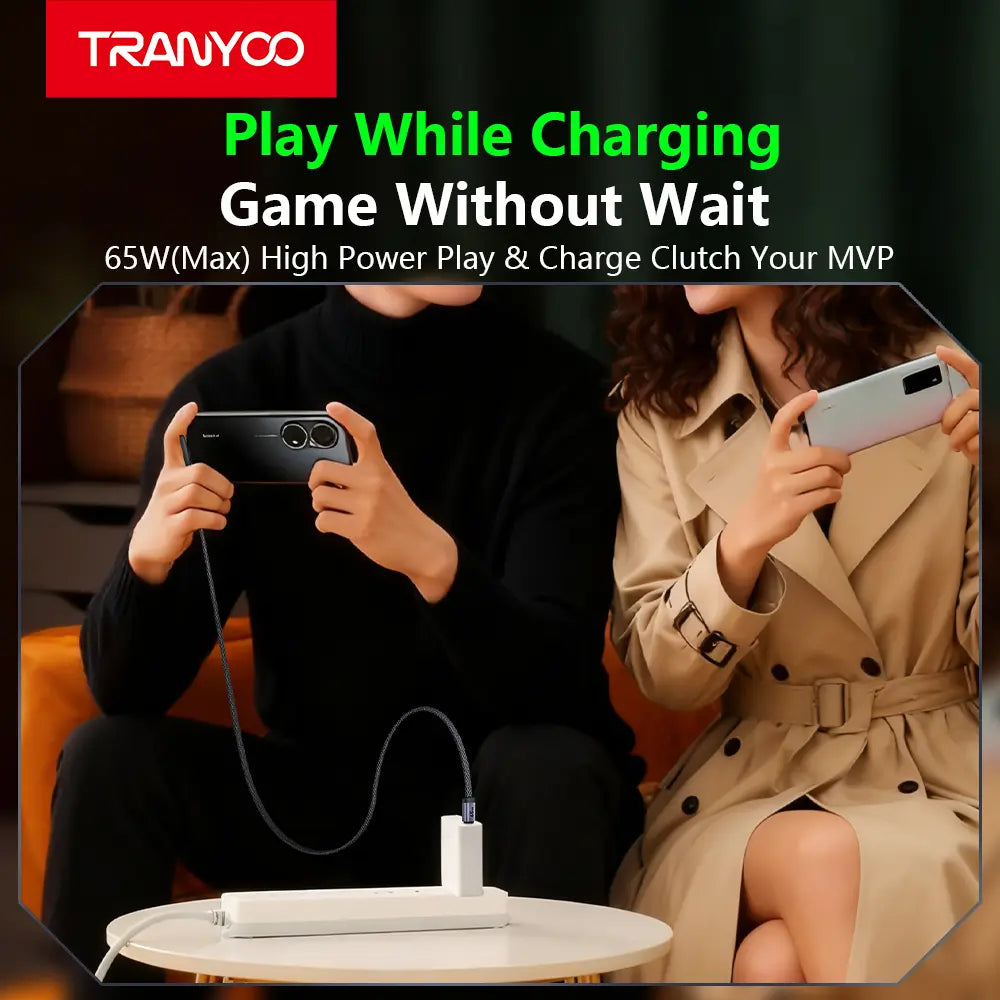 TRANYOO T-CC-3 65W USB-C Right Angle Fast Charging Cable with LED Light, 90° Elbow Flat Braided Cord, 480Mbps Data Sync, Durable Metal Connector, 1.2M Gaming-Friendly Type-C Cable