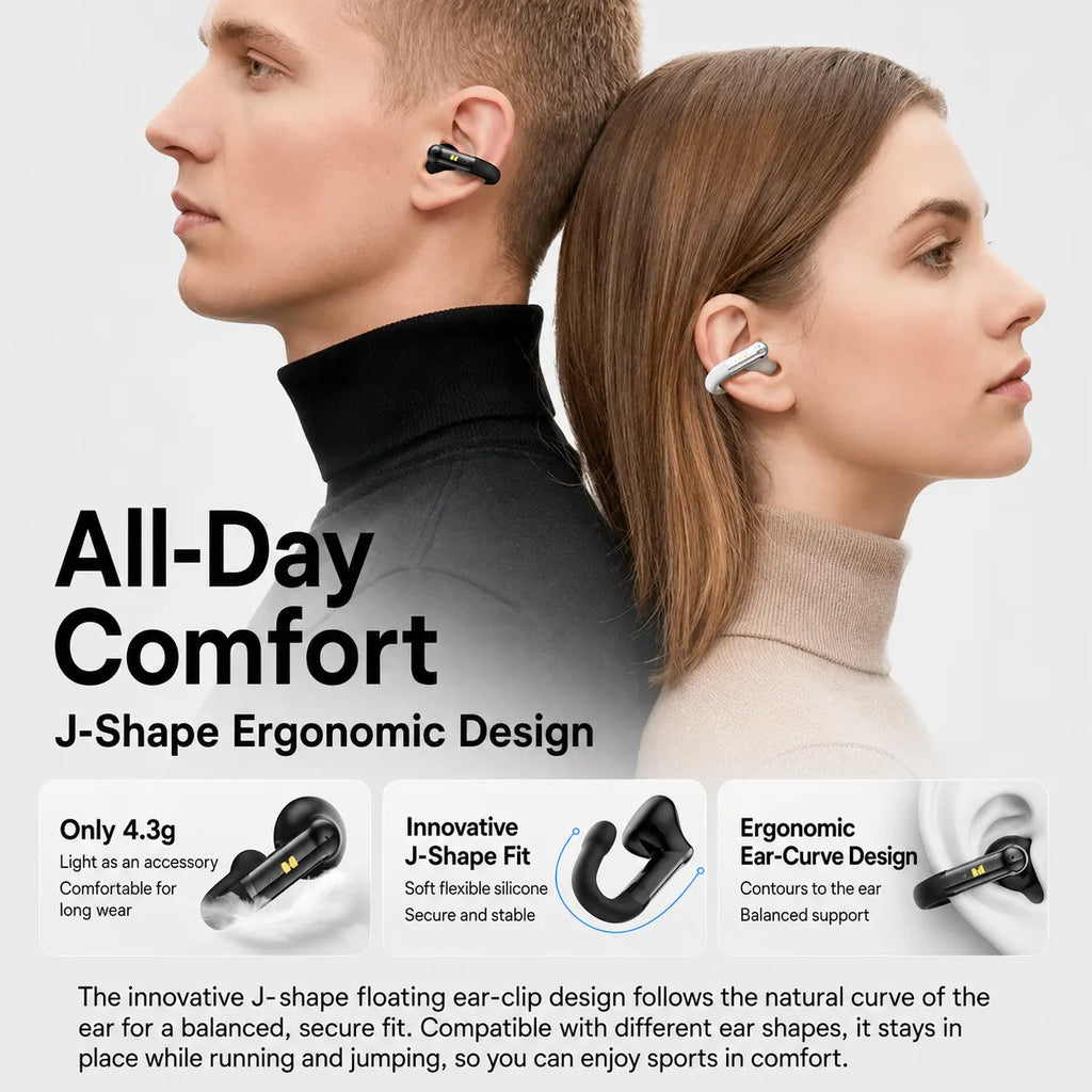 MONSTER Open Ear Clip-On Earbuds - Bluetooth 6.0 Wireless Audio Earphones with 13Mm Drivers, 4.3G Ultra-Light J-Shaped Fit, ENC Calls, 165H Playtime, Water-Resistant Sports Headphones for Running, Back to School