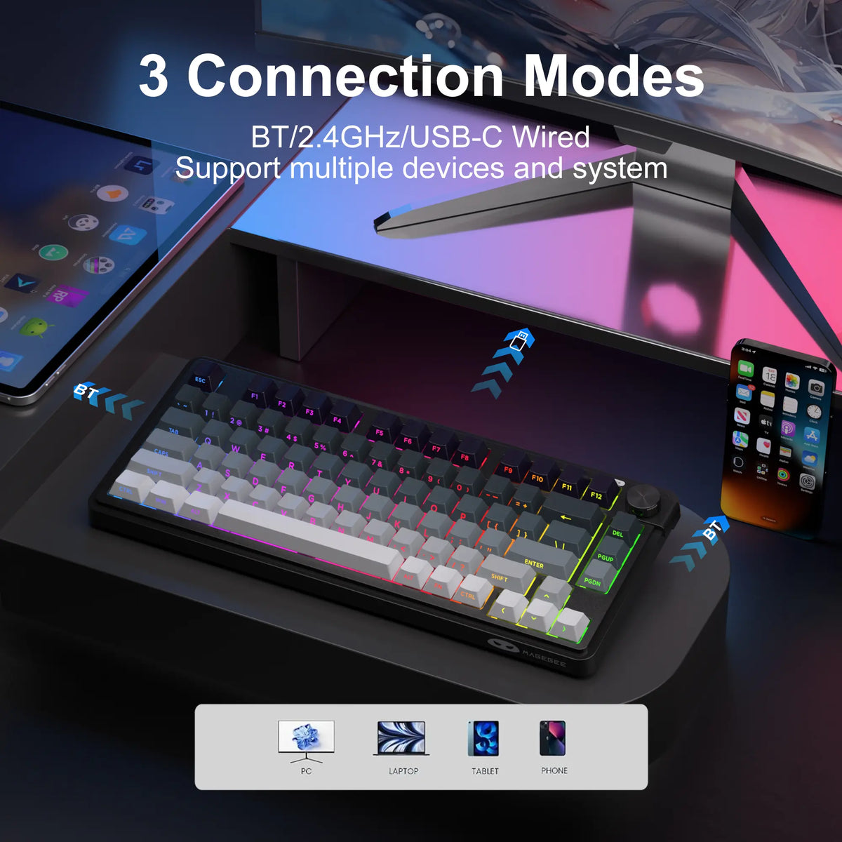 Magegee GK950 Compact Tri-Mode Gaming Membrane Keyboard - 2.4G/Bluetooth/Type-C Stable Connection, 3-Way RGB Lighting, Multi-Functional Knob, Mixed Colors Keycaps, Glacier Blue & Other Color Variants, Dual-System PC Support