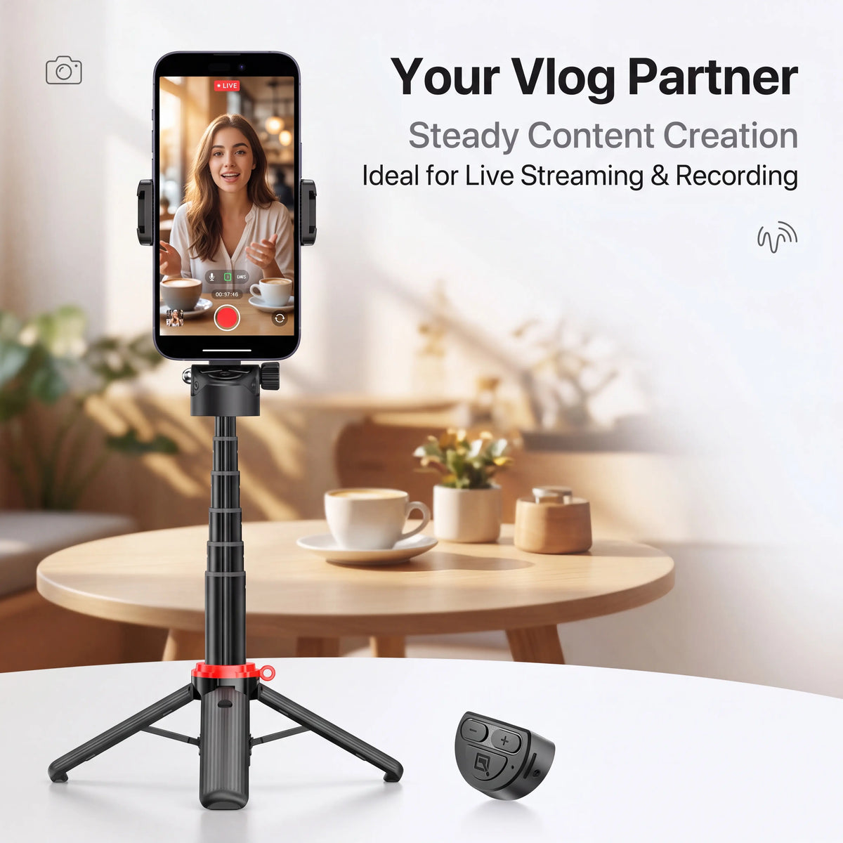 All-In-1 Folding Handheld Selfie Stick Tripod with Bluetooth Remote & Hook, Extendable Silicone-Stabilized Stand for Iphone/Android Smartphones & Cellphones, Box Packaged Streaming Equipment, Portable Travel Accessory, Smartphone, Remote Zoom