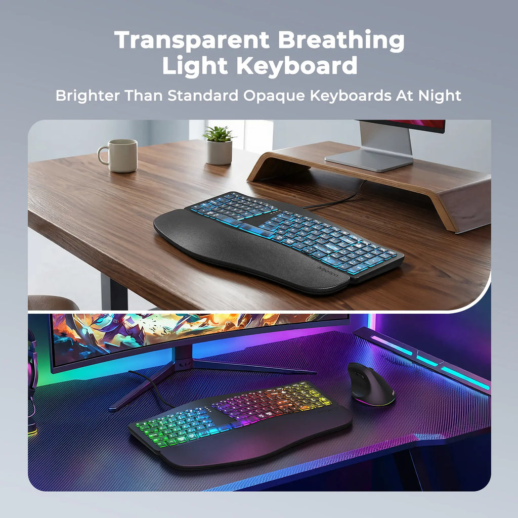 MEETION Ergonomic Wired Keyboard with Translucent Cyberpunk Aesthetics, 7-Color Transparent Backlit, 4 Brightness Levels, Dynamic RGB Breathing Effect, Comfortable Wrist Rest Cushion, USB-A/USB-C Adapter for Windows Mac Laptops & Computers, None