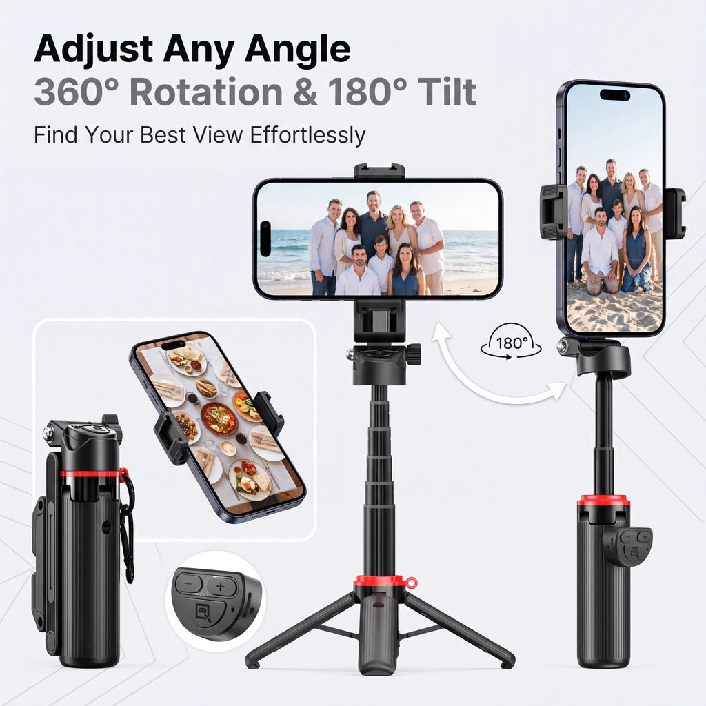 All-In-1 Folding Handheld Selfie Stick Tripod with Bluetooth Remote & Hook, Extendable Silicone-Stabilized Stand for Iphone/Android Smartphones & Cellphones, Box Packaged Streaming Equipment, Portable Travel Accessory, Smartphone, Remote Zoom