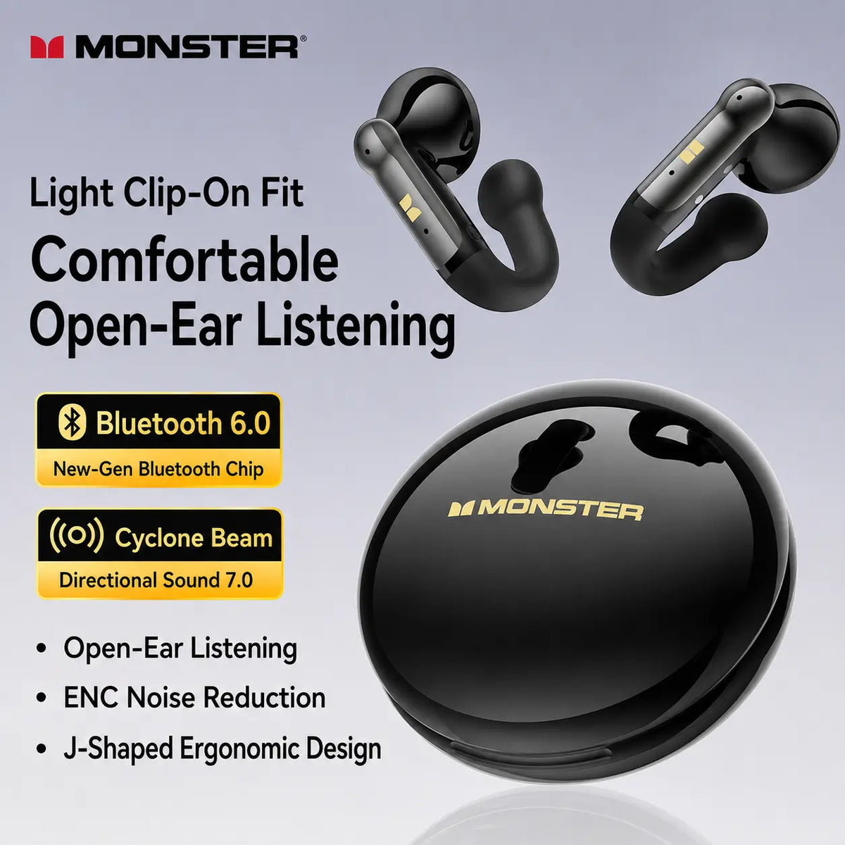 MONSTER Open Ear Clip-On Earbuds - Bluetooth 6.0 Wireless Audio Earphones with 13Mm Drivers, 4.3G Ultra-Light J-Shaped Fit, ENC Calls, 165H Playtime, Water-Resistant Sports Headphones for Running, Back to School