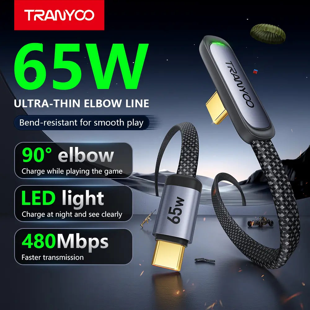 TRANYOO T-CC-3 65W USB-C Right Angle Fast Charging Cable with LED Light, 90° Elbow Flat Braided Cord, 480Mbps Data Sync, Durable Metal Connector, 1.2M Gaming-Friendly Type-C Cable