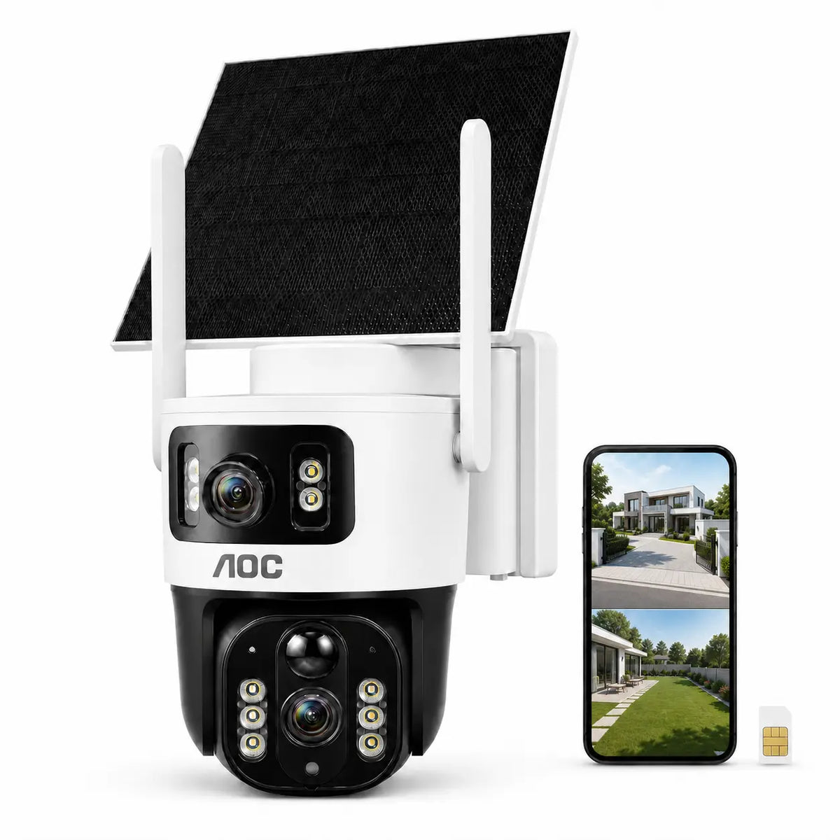 AOC 4G LTE Solar Outdoor Digital Security Camera - Dual-Lens Dual-View, AI Auto Tracking, Color Night Vision, 2-Way Audio, IP65, 10400Mah Charging, No Wifi Needed, Recording Protection Device for Home, 7-Day Free Trial Then 4G Plan Required