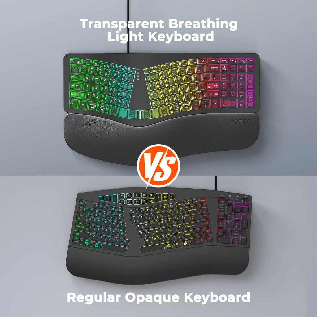 MEETION Ergonomic Wired Keyboard with Translucent Cyberpunk Aesthetics, 7-Color Transparent Backlit, 4 Brightness Levels, Dynamic RGB Breathing Effect, Comfortable Wrist Rest Cushion, USB-A/USB-C Adapter for Windows Mac Laptops & Computers, None