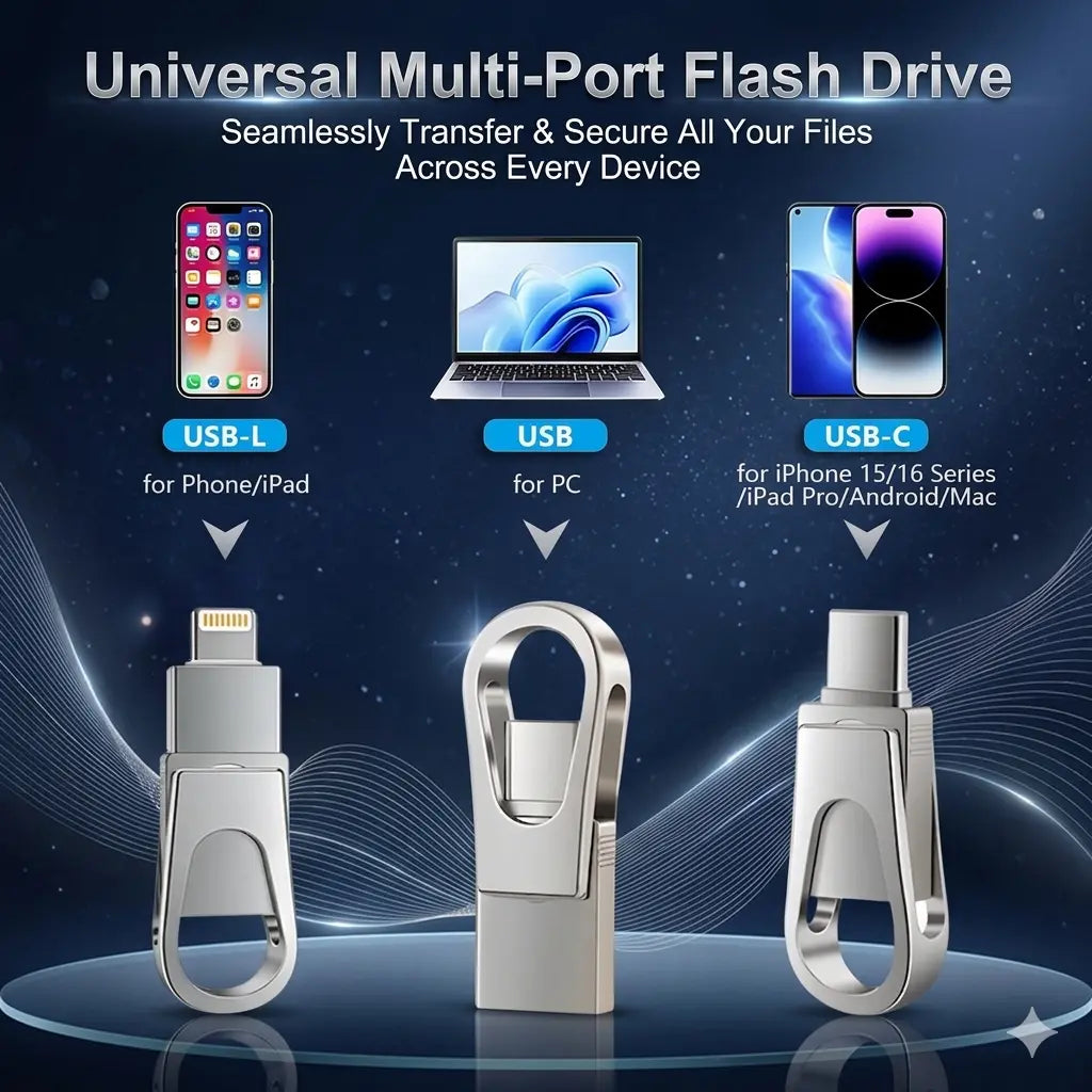 3-In-1 OTG Flash Drive with Type-C, USB-A Interfaces, High-Speed Large-Capacity Memory Stick for Iphone, Android & PC, File Transfer Tool for Students