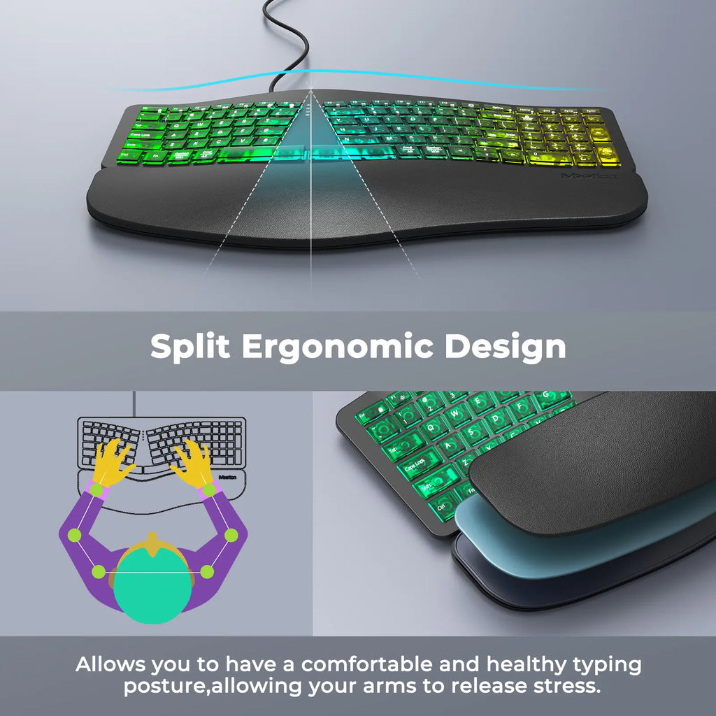 MEETION Ergonomic Wired Keyboard with Translucent Cyberpunk Aesthetics, 7-Color Transparent Backlit, 4 Brightness Levels, Dynamic RGB Breathing Effect, Comfortable Wrist Rest Cushion, USB-A/USB-C Adapter for Windows Mac Laptops & Computers, None