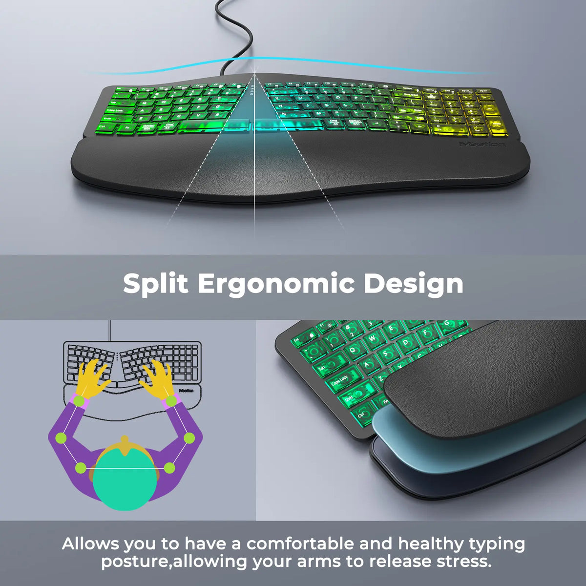 MEETION Ergonomic Wired Keyboard with Translucent Cyberpunk Aesthetics, 7-Color Transparent Backlit, 4 Brightness Levels, Dynamic RGB Breathing Effect, Comfortable Wrist Rest Cushion, USB-A/USB-C Adapter for Windows Mac Laptops & Computers, None