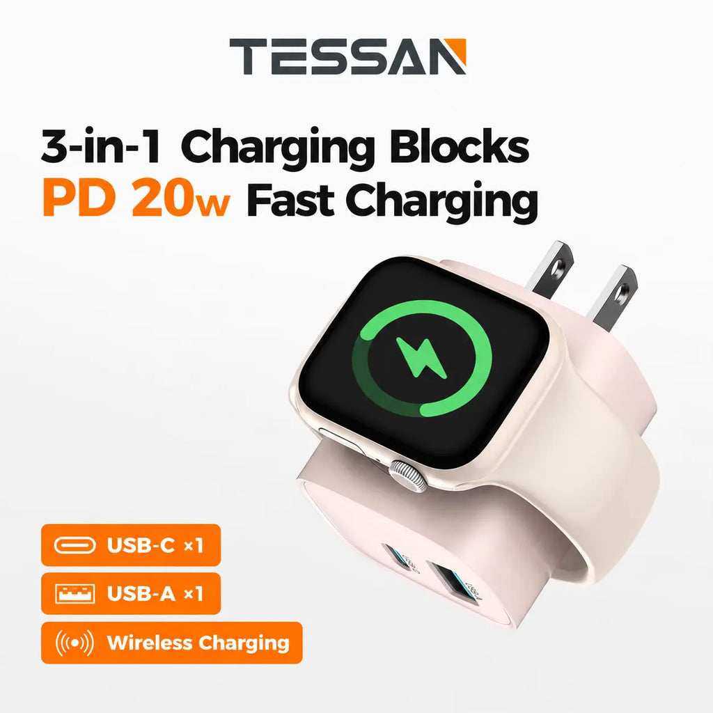 Tessan Colorful 3-In-1 PD20W USB-C Charger Block - Built-In Wireless Watch Charging, Dual Ports, Wireless Fast Charging Charger for Iwatch Ultra/9/8/7/6/Se Series, Iphone 17/17 Pro/16/16 Pro/15 Series, Cellphones, Iphone Charger