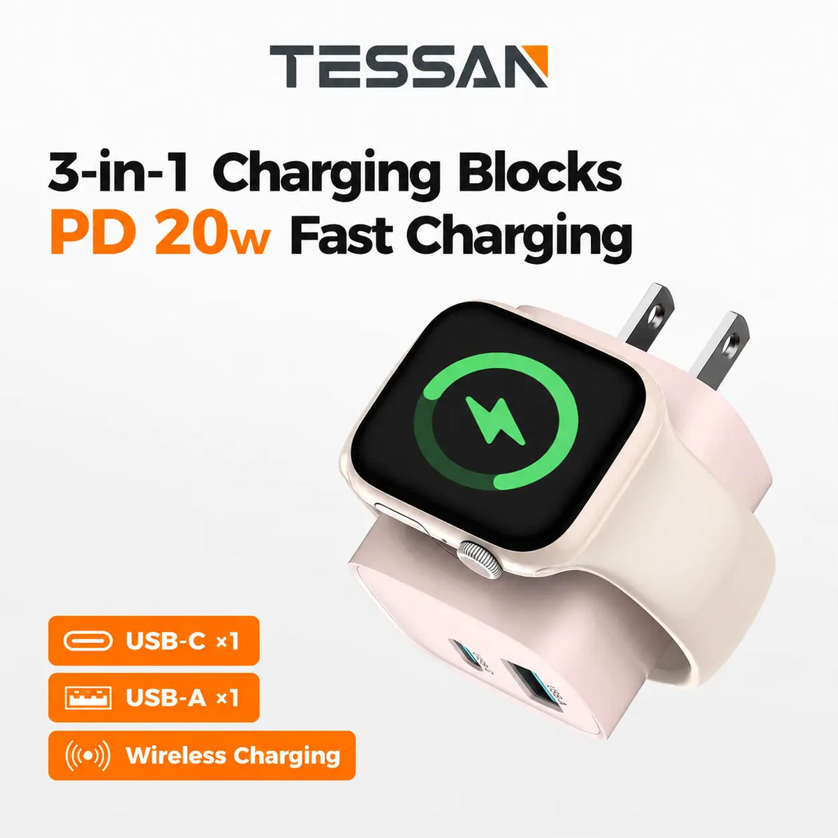 Tessan Colorful 3-In-1 PD20W USB-C Charger Block - Built-In Wireless Watch Charging, Dual Ports, Wireless Fast Charging Charger for Iwatch Ultra/9/8/7/6/Se Series, Iphone 17/17 Pro/16/16 Pro/15 Series, Cellphones, Iphone Charger