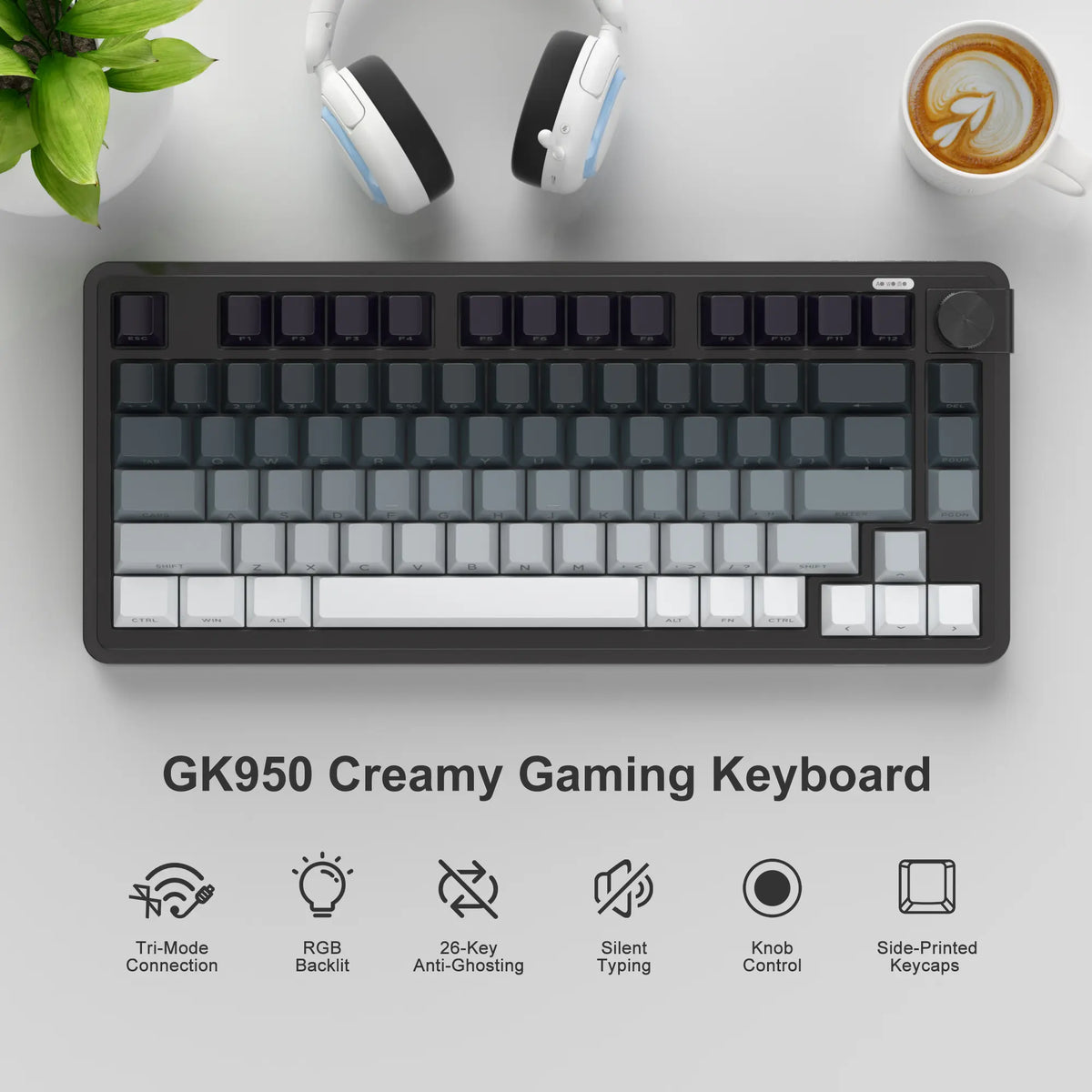 Magegee GK950 Compact Tri-Mode Gaming Membrane Keyboard - 2.4G/Bluetooth/Type-C Stable Connection, 3-Way RGB Lighting, Multi-Functional Knob, Mixed Colors Keycaps, Glacier Blue & Other Color Variants, Dual-System PC Support