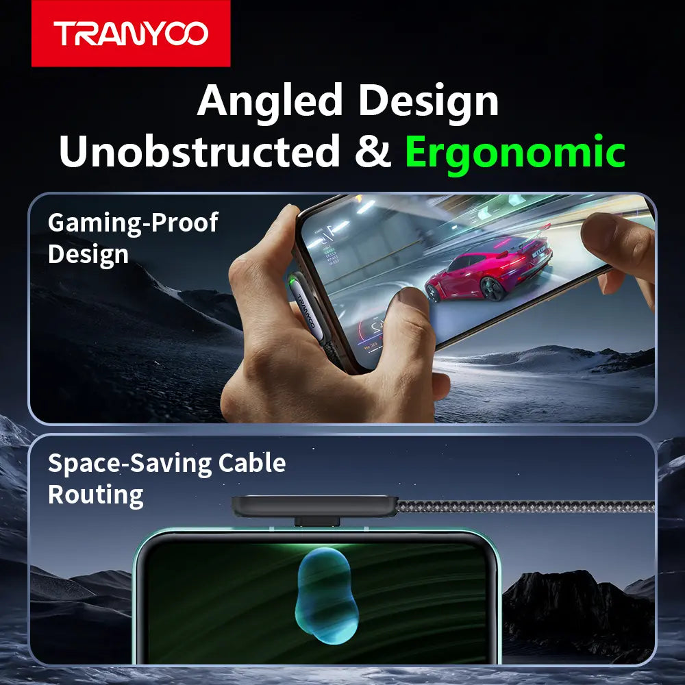 TRANYOO T-CC-3 65W USB-C Right Angle Fast Charging Cable with LED Light, 90° Elbow Flat Braided Cord, 480Mbps Data Sync, Durable Metal Connector, 1.2M Gaming-Friendly Type-C Cable