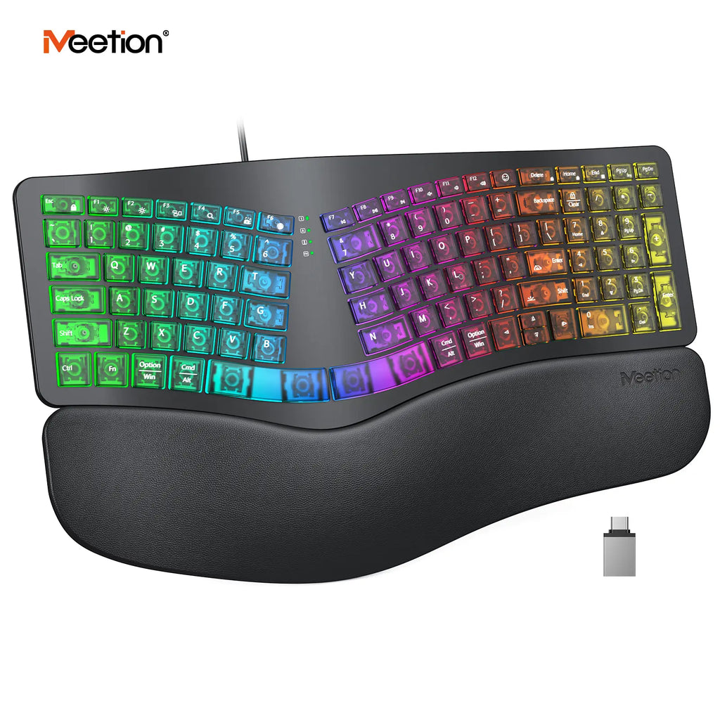 MEETION Ergonomic Wired Keyboard with Translucent Cyberpunk Aesthetics, 7-Color Transparent Backlit, 4 Brightness Levels, Dynamic RGB Breathing Effect, Comfortable Wrist Rest Cushion, USB-A/USB-C Adapter for Windows Mac Laptops & Computers, None