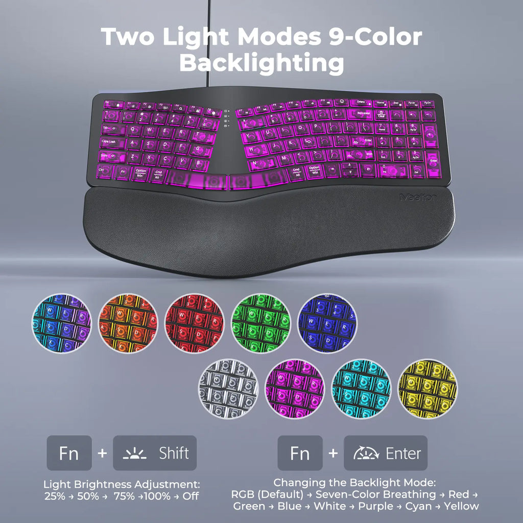 MEETION Ergonomic Wired Keyboard with Translucent Cyberpunk Aesthetics, 7-Color Transparent Backlit, 4 Brightness Levels, Dynamic RGB Breathing Effect, Comfortable Wrist Rest Cushion, USB-A/USB-C Adapter for Windows Mac Laptops & Computers, None