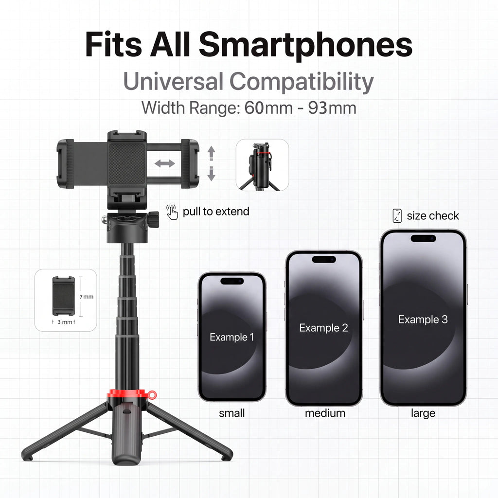All-In-1 Folding Handheld Selfie Stick Tripod with Bluetooth Remote & Hook, Extendable Silicone-Stabilized Stand for Iphone/Android Smartphones & Cellphones, Box Packaged Streaming Equipment, Portable Travel Accessory, Smartphone, Remote Zoom