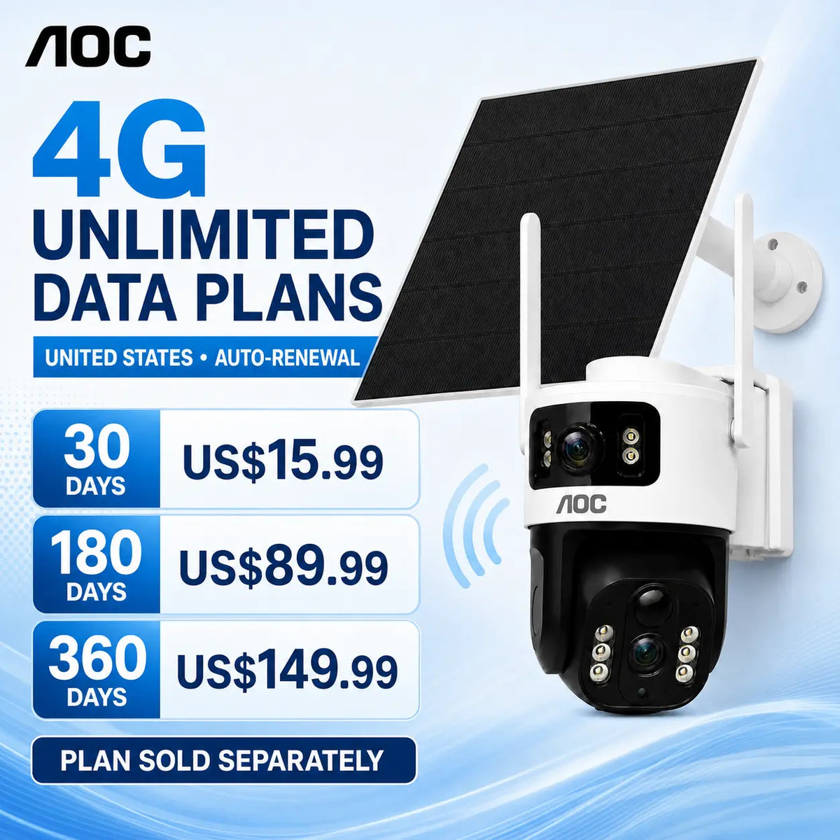 AOC 4G LTE Solar Outdoor Digital Security Camera - Dual-Lens Dual-View, AI Auto Tracking, Color Night Vision, 2-Way Audio, IP65, 10400Mah Charging, No Wifi Needed, Recording Protection Device for Home, 7-Day Free Trial Then 4G Plan Required
