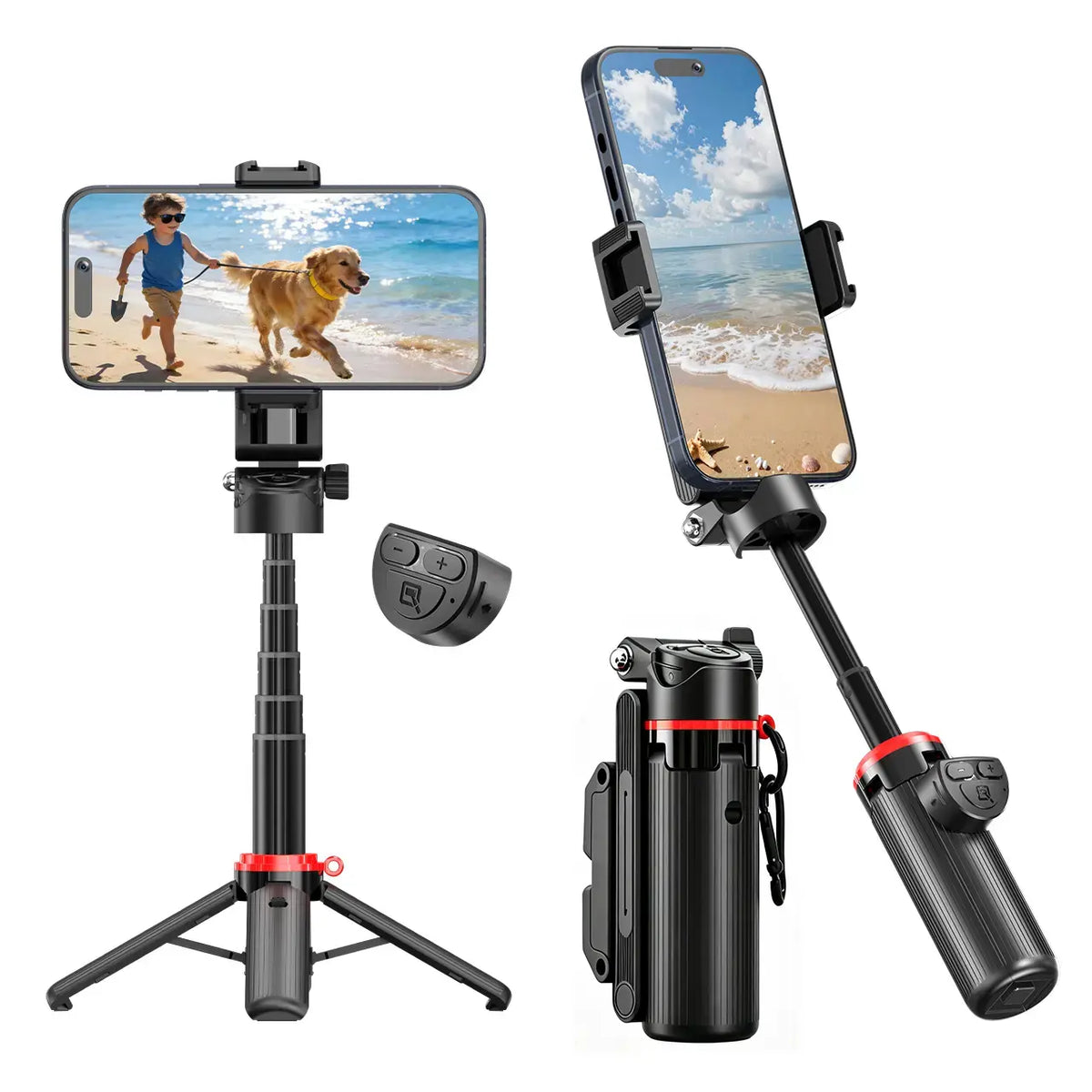 All-In-1 Folding Handheld Selfie Stick Tripod with Bluetooth Remote & Hook, Extendable Silicone-Stabilized Stand for Iphone/Android Smartphones & Cellphones, Box Packaged Streaming Equipment, Portable Travel Accessory, Smartphone, Remote Zoom